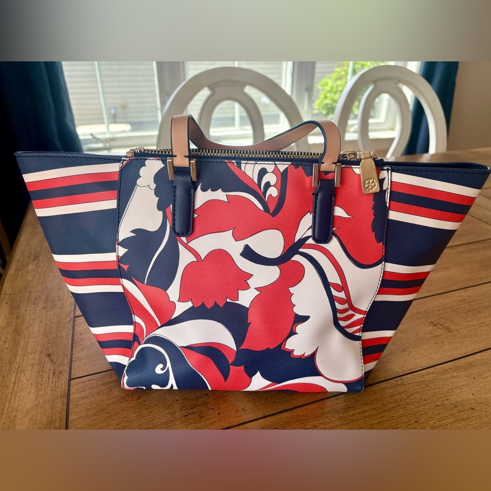 Trina Turk Navy, Coral, & White Satchel Handbag - Picture 2 of 4